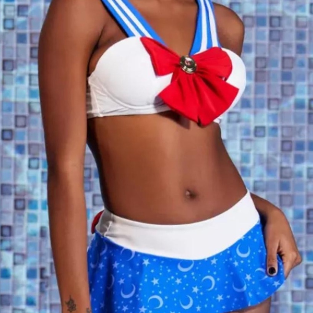 White and Blue Sailor Bikini Set with Red Bow